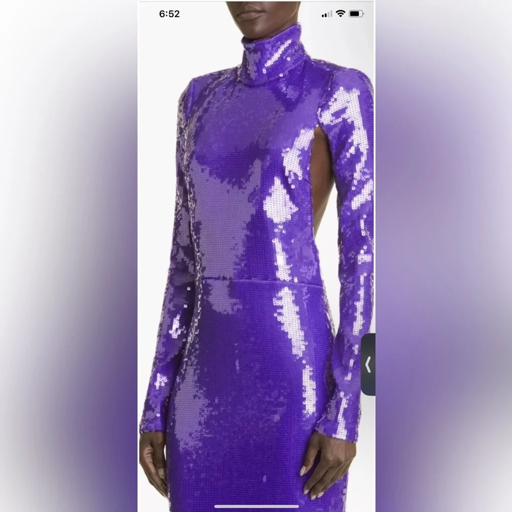 LaQuan Smith Sequin Mock Neck Long Sleeve Cutout Column Gown - Picture 5 of 12